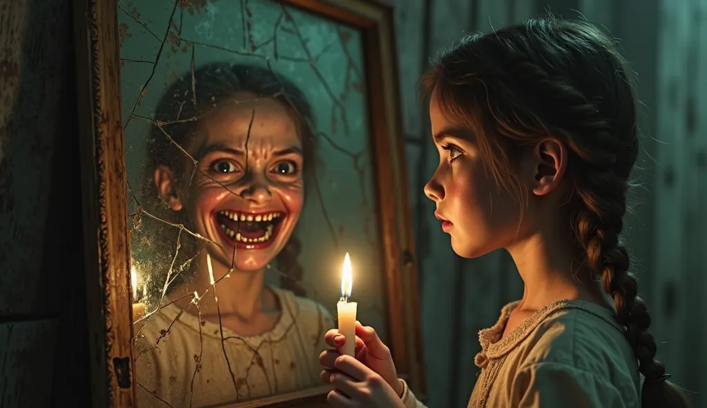 A hyper-realistic and deeply unsettling scene of a young girl standing alone in a dimly lit, decaying room, holding a single candle in her trembling hands. She appears to be around , with delicate, youthful features, large, expressive light-colored eyes fi...