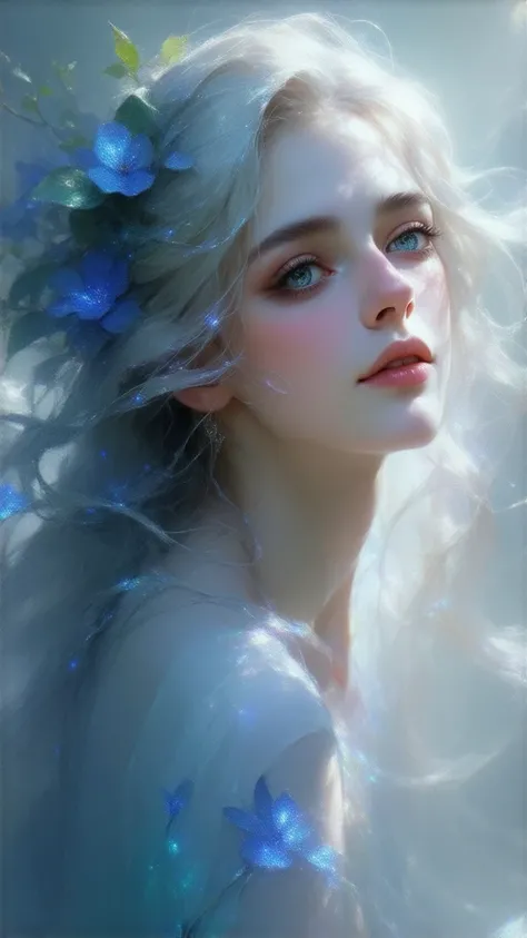 beautiful aura　amazing beauty　Mysterious　very beautiful blue eyes
Like a celestial maiden　Spirit　pretty flowers
Beautiful loose hair that goes up to the waist　Full body　A woman who looks in front of her memories is beautiful　I'm closing my eyes lovingly　fo...