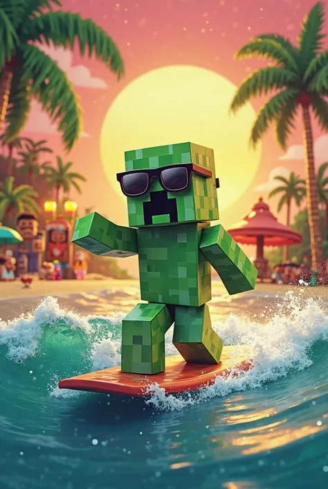 creeper minecraft surfing with sun glasses and party 