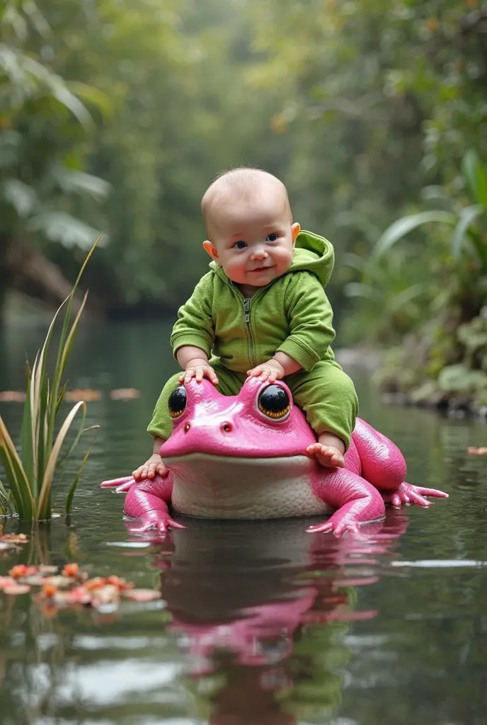 Super realistic baby wearing green jumpsuit the baby is on top of pink frog in the pond 