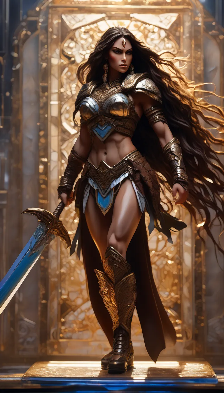 acrylic tile,fullbody, acrylic painting figure stand on office desk, A fierce barbarian queen, incredibly strong and alluring, (1girl, muscular body, long flowing hair, determined expression, barbarian-style armor and accessories, (epic:1.2), dynamic pose,...