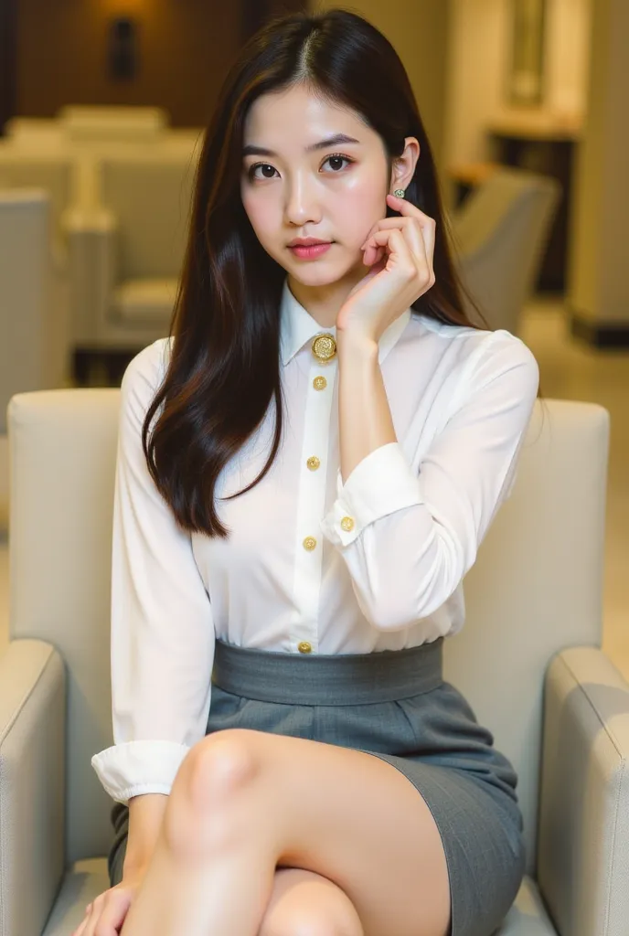 a young woman seated on a light-colored chair in an indoor setting, likely an office or lounge. She has long, dark hair styled neatly, and her expression is poised and confident. She is dressed in a professional yet stylish outfit, consisting of a white bl...