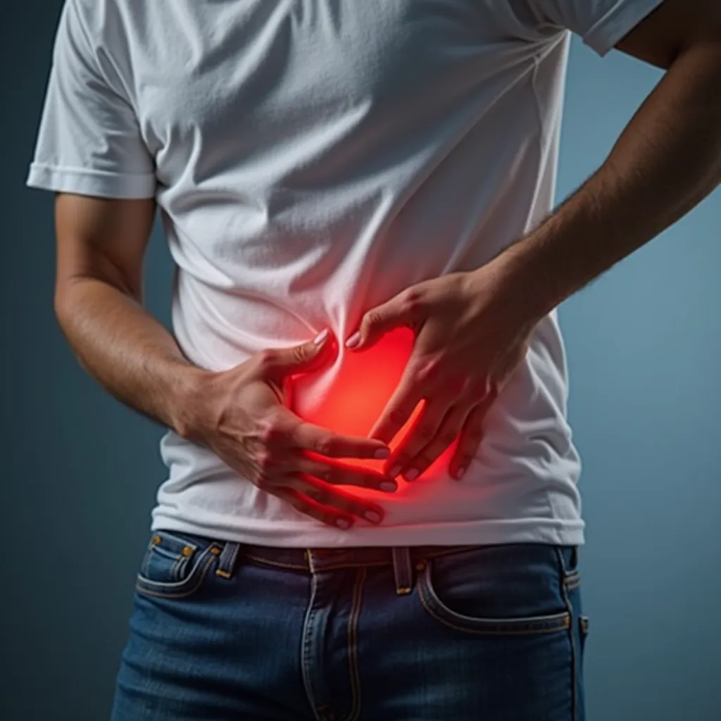 The image shows a man wearing a white shirt and jeans, holding the groin area with a red light highlighting the area. Analysis:  Visual Message : The red light and the position of the hand suggest pain or discomfort in the intimate area. Common use: This t...