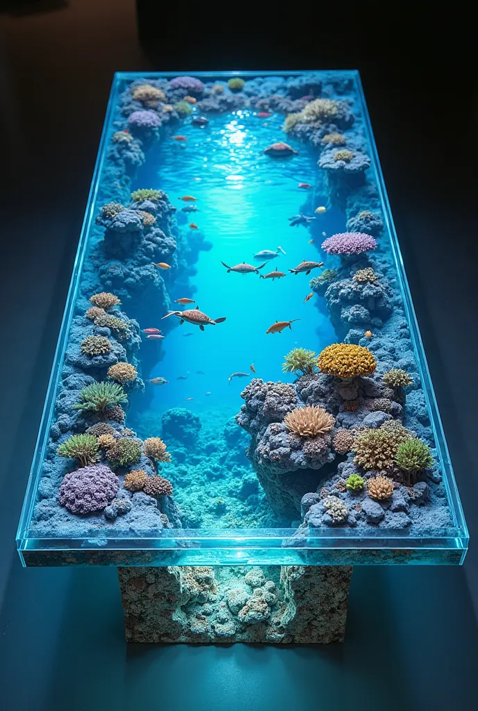 A stunning rectangular dining table designed as an immersive underwater world. The tabletop is made of crystal-clear glass, revealing a vibrant coral reef beneath. Schools of colorful fish swim among the coral, while sea turtles glide through the miniature...