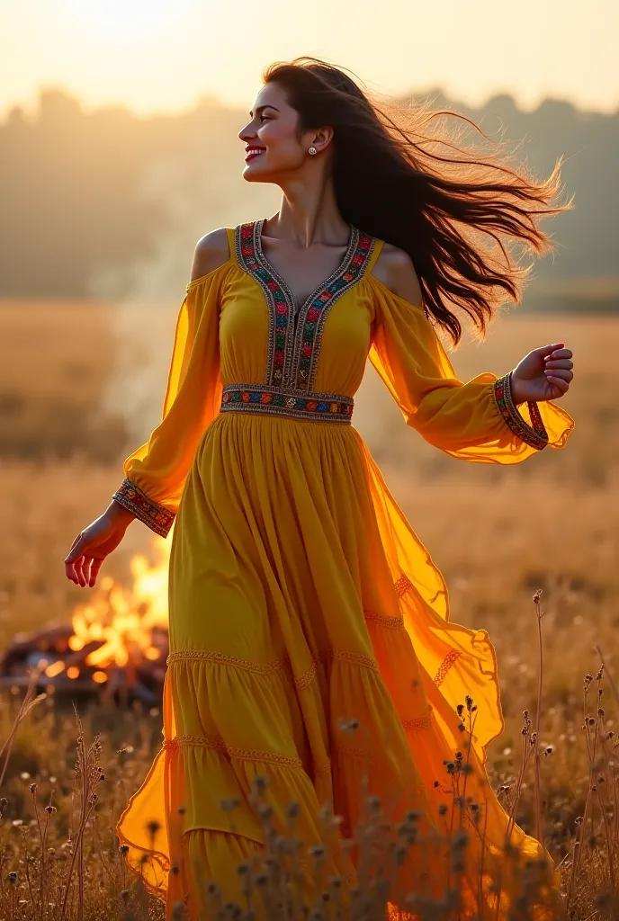 My Gypsy
Russian woman wearing yellow gypsy dress, pretty smile
dancing near a campfire in a field