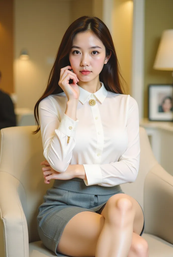 a young woman seated on a light-colored chair in an indoor setting, likely an office or lounge. She has long, dark hair styled neatly, and her expression is poised and confident. She is dressed in a professional yet stylish outfit, consisting of a white bl...