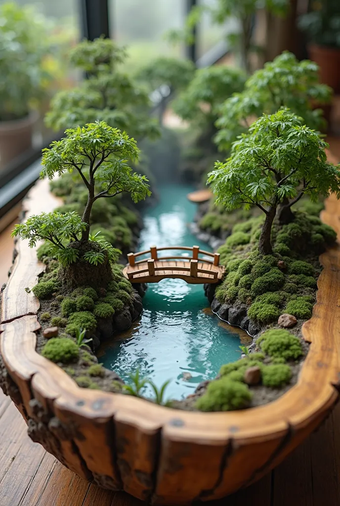 A handcrafted wooden coffee table with an intricately designed miniature forest scene inside. A clear river winds through the dense greenery, with tiny wooden bridges connecting different sections of the terrain. The water shimmers under soft lighting, ref...