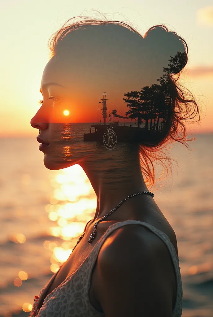 high quality,  8K Ultra HD, Uma bela double exposure que combina uma silhueta de deusa com a costa ao pôr do sol, coastline at sunset should serve as a backdrop, with its details embedded in the goddess,  sharp lines, The background is monochrome, sharp fo...