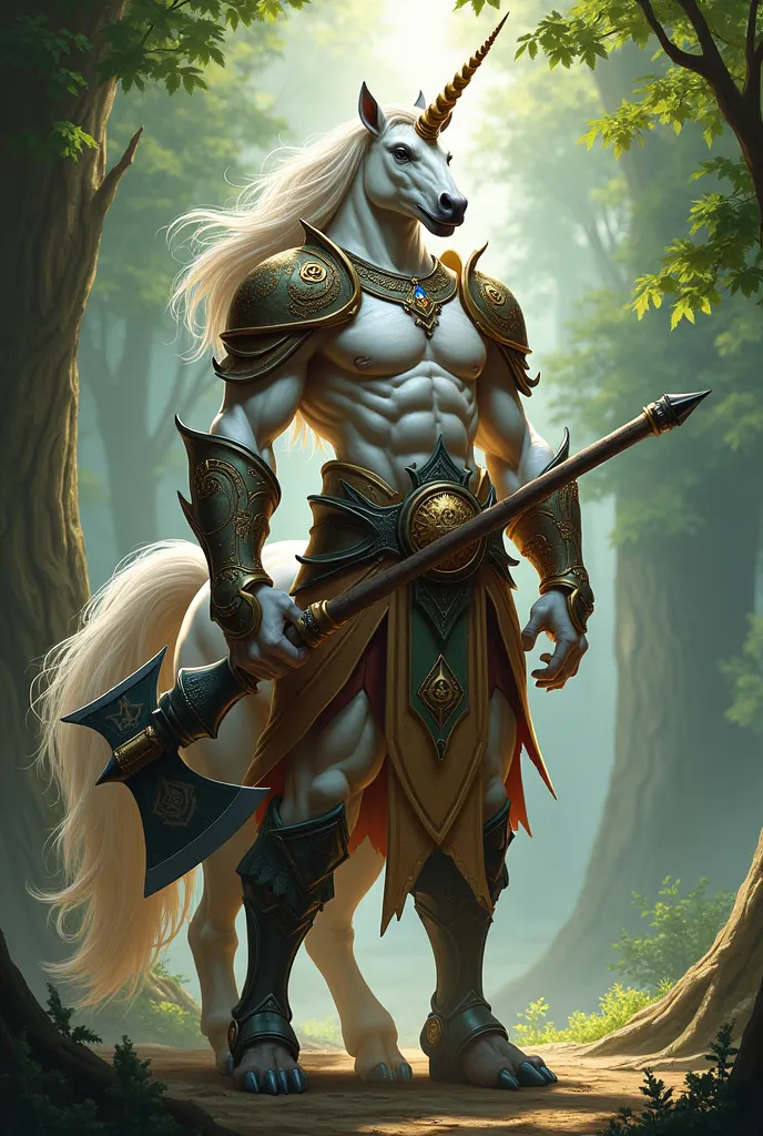 Create human head unicorn centaur with his hand holding axe