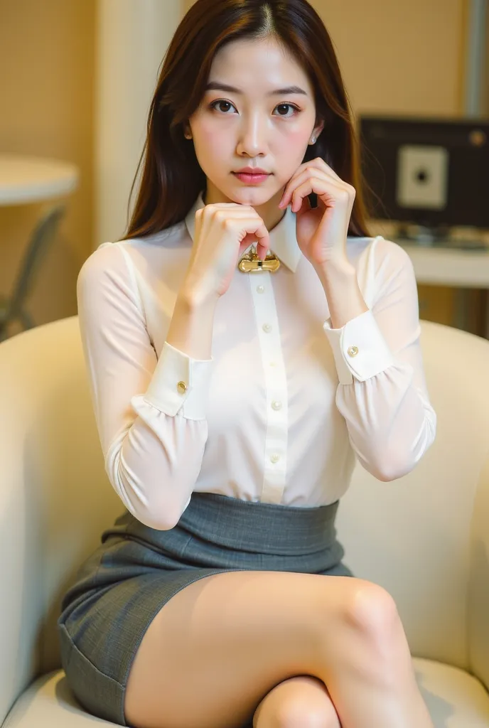 a young woman seated on a light-colored chair in an indoor setting, likely an office or lounge. She has long, dark hair styled neatly, and her expression is poised and confident. She is dressed in a professional yet stylish outfit, consisting of a white bl...