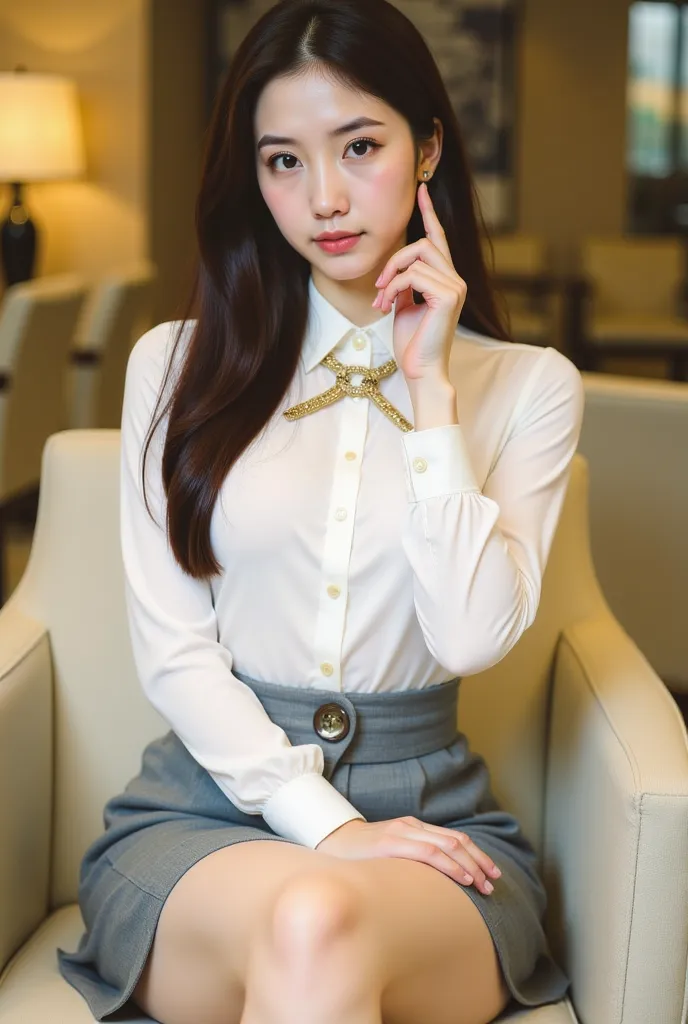 a young woman seated on a light-colored chair in an indoor setting, likely an office or lounge. She has long, dark hair styled neatly, and her expression is poised and confident. She is dressed in a professional yet stylish outfit, consisting of a white bl...