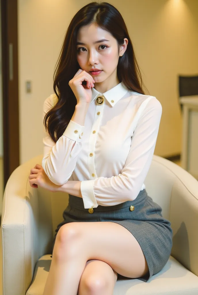 a young woman seated on a light-colored chair in an indoor setting, likely an office or lounge. She has long, dark hair styled neatly, and her expression is poised and confident. She is dressed in a professional yet stylish outfit, consisting of a white bl...