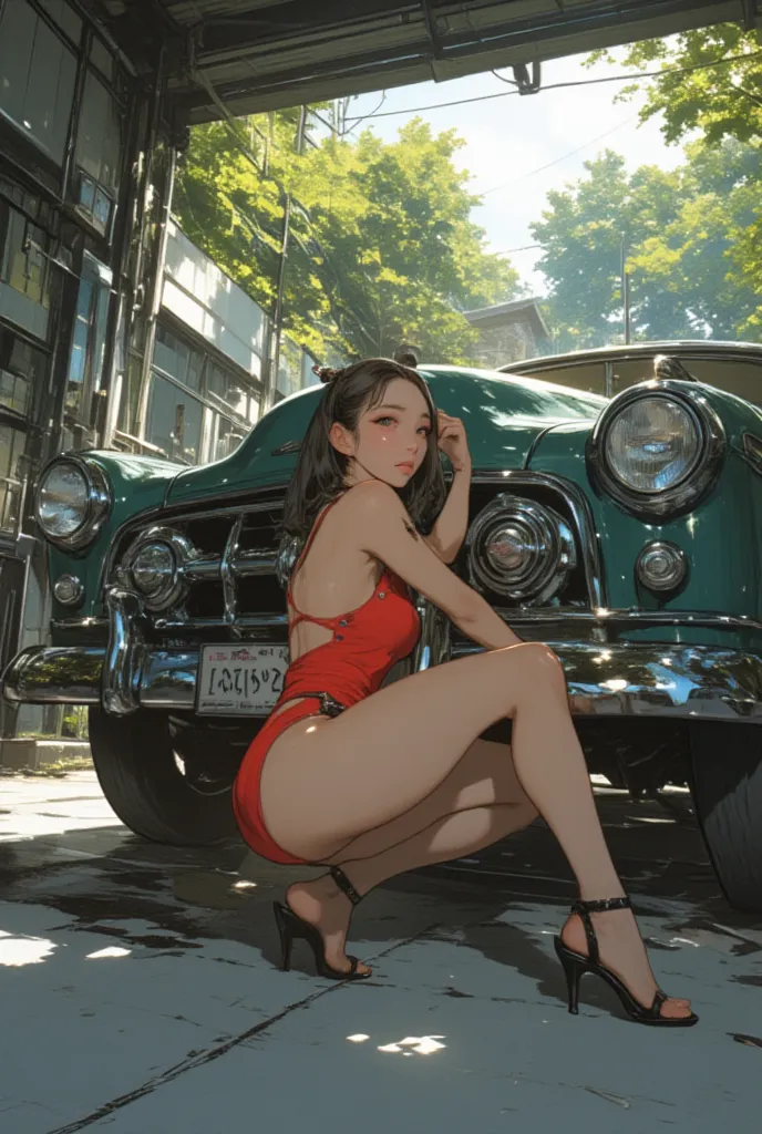 A young Asian woman, mid-20s, is crouched in front of a vintage dark-green car. She wears a red one-piece swimsuit and black high-heeled sandals.  Her dark hair is pulled back.  Her expression is neutral. She has a slender build, and her legs are long and ...