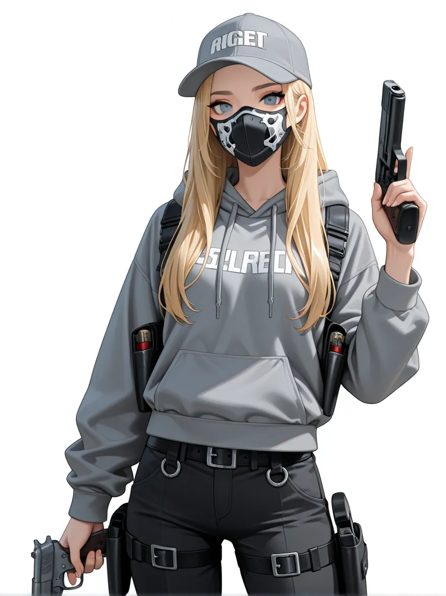 1girl, weapon, solo, gun, mask, handgun, hood, blonde_hair, long_hair, jacket, pants, blue_eyes, white_background, mouth_mask, hoodie, looking_at_viewer, belt, animification, grey_jacket, grey_hoodie, holding_weapon, holding, black_pants, fingernails, grey...