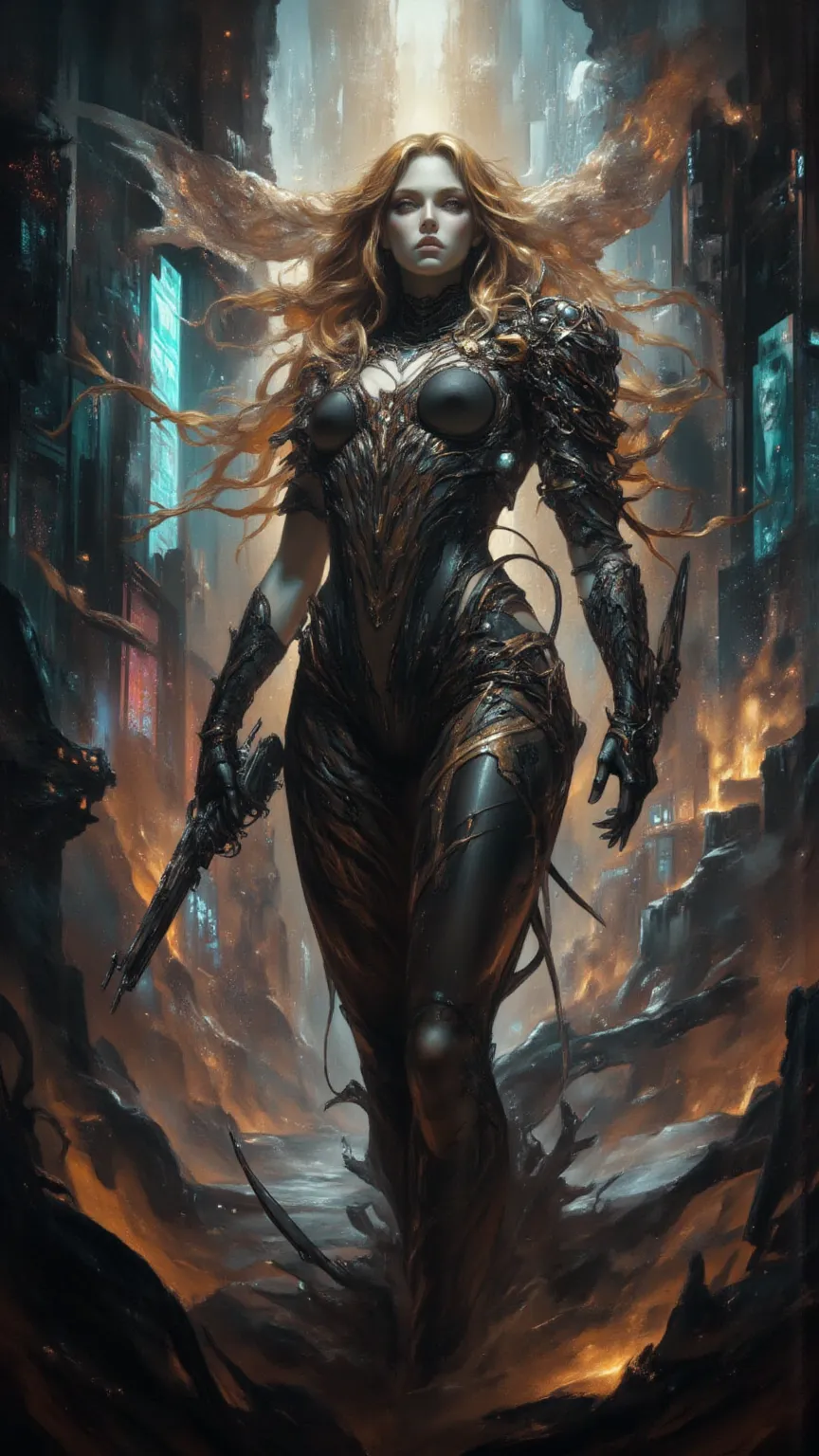 full body, full body拍摄，Cyberpunk women，horror art ，sci-fi，armor，sexy，long golden hair