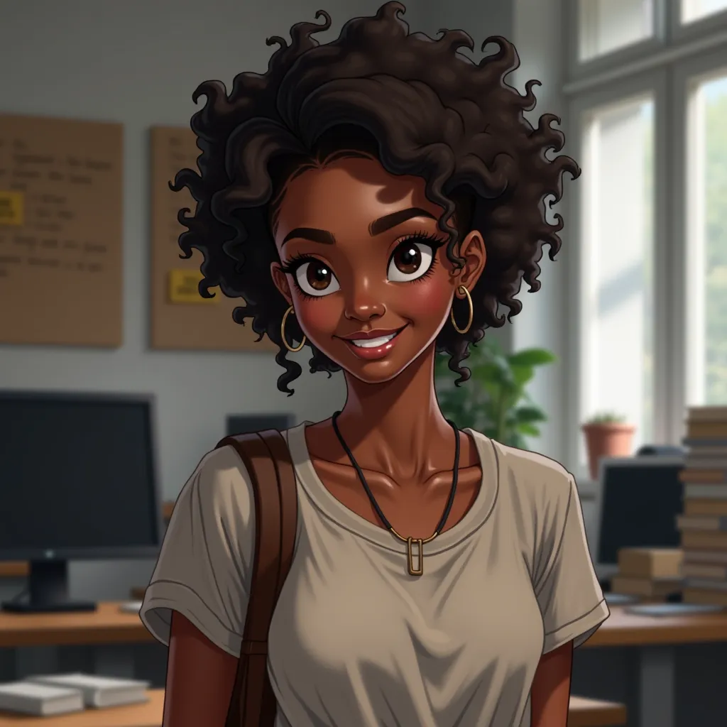 Realistic image of a young black woman with faint masculine features on her face, with a determined look and a confident smile, dressed casually , possibly in an urban environment or in a study room with a computer and books in the background.