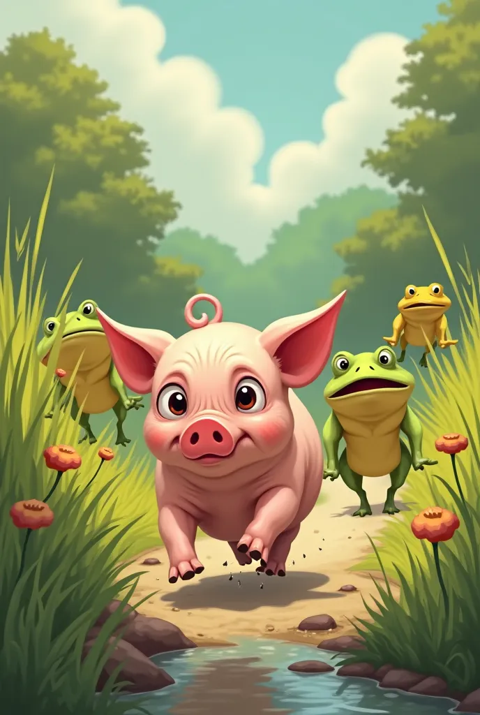 little piggy running away from frogs