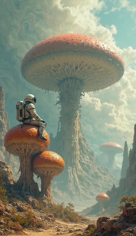 Vertical realistic picture of an unknown planet with giant plants.The giant drink on which the astronaut is sitting


