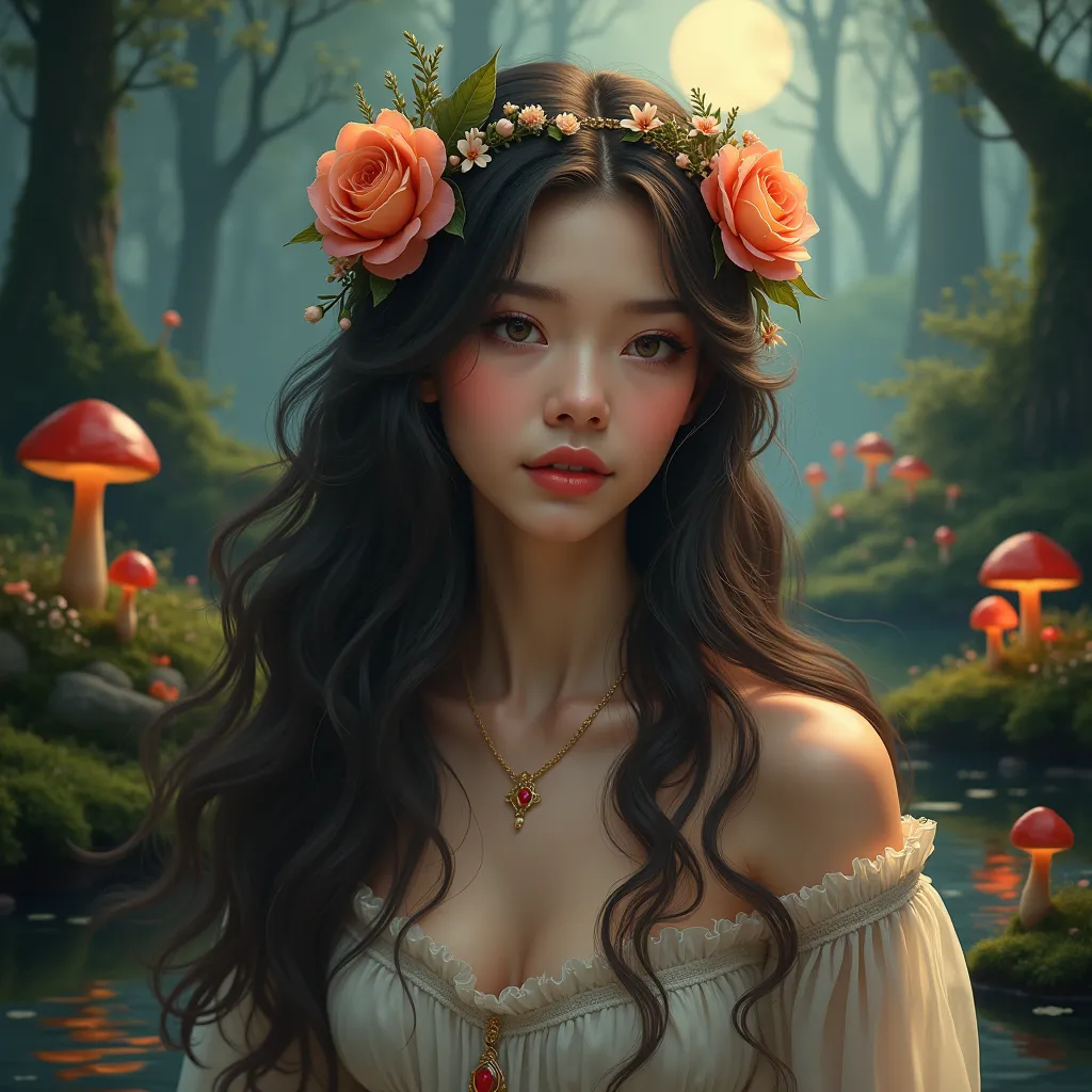 hair flower, elegant woman, detailed face, serene expression, long hair, flower crown, flowing dress, fantasy landscape, mossy forest, glowing mushrooms, moonlit pond, digital art, matte painting, highly detailed, photorealistic, 8K, HDR, studio lighting, ...