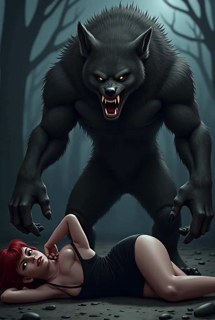 Animation of a large werewolf on top of a redhead adult girl in a short black and backless dress on the ground 