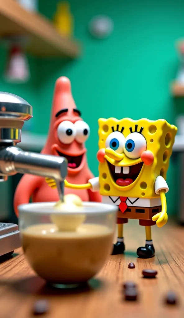 Set in a realistic under-the-sea setting, miniature characters SpongeBob and Patrick Star marvel at the Krusty Krab’s bright and colorful kitchen, while Patrick Star operates a shiny silver coffee machine. SpongeBob, with big, expressive eyes, looks on in ...