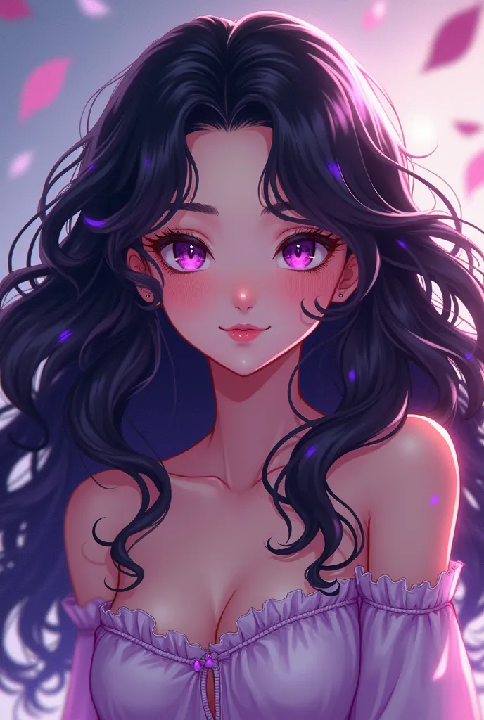 Woman with long black curly hair with purple lines smiling with white skin anime version
