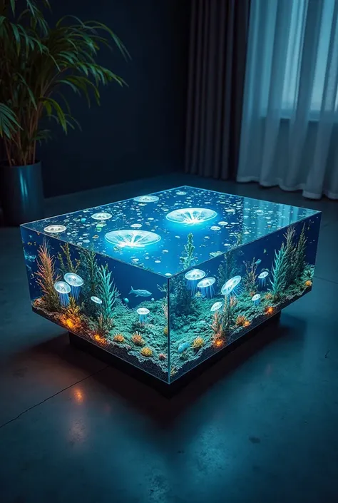 A futuristic coffee table with a deep-sea abyss theme inside. The glass top reveals an otherworldly underwater scene filled with glowing jellyfish, deep-sea fish, and alien-like coral formations. The water appears dark and mysterious, with luminescent ligh...