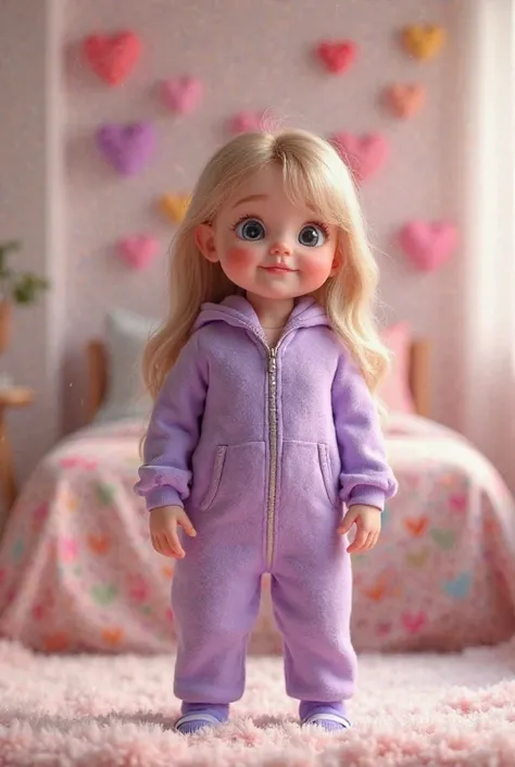 Super realistic baby wearing purple jumpsuit with long hair standing in the bedroom on the wall several colorful hearts 