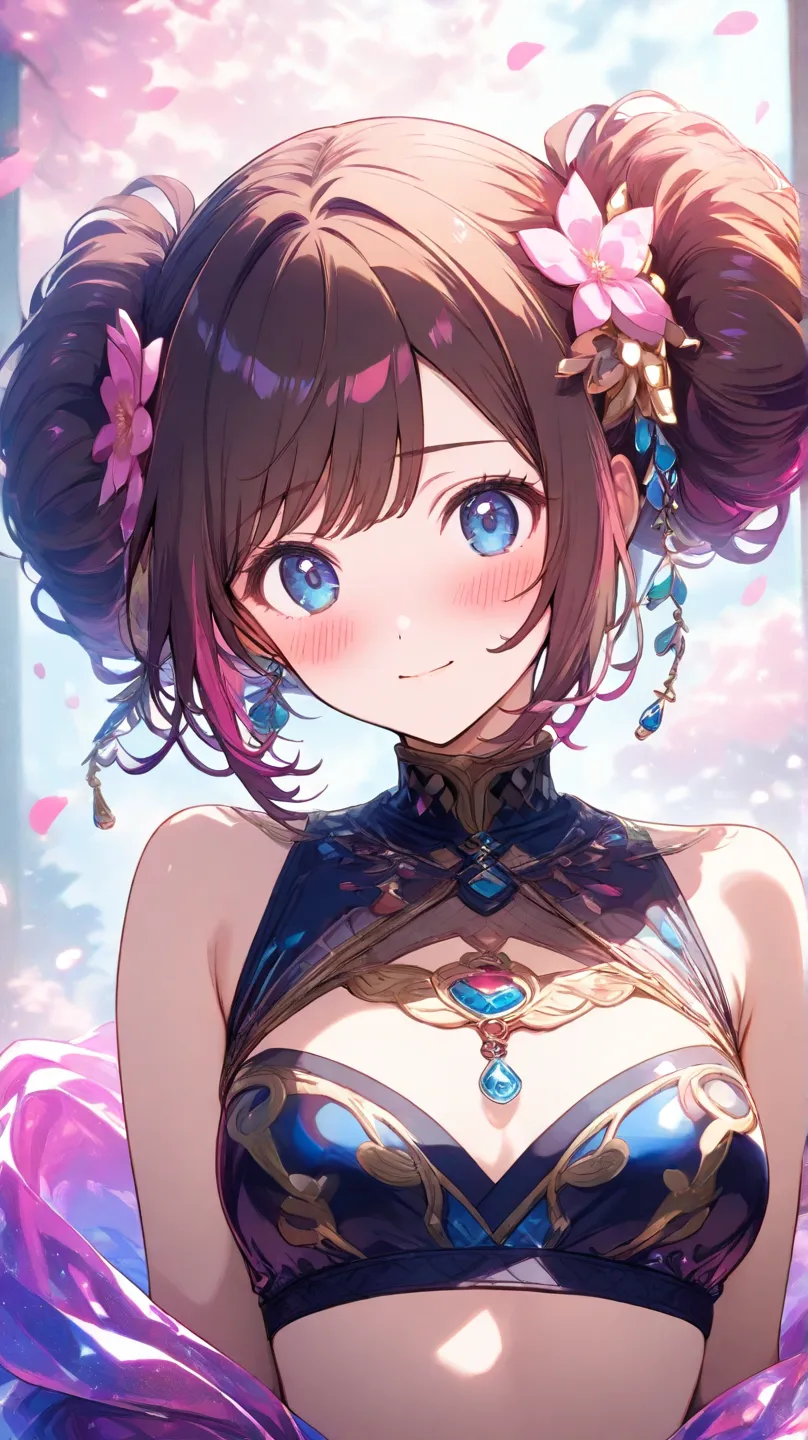 high quality　best image quality　Super Detail　high quality　4K 8K colorful dancer 　hide your chest with your arms　shy face　long brown hairstyle　  pink flower hair ornament  　 medium chest