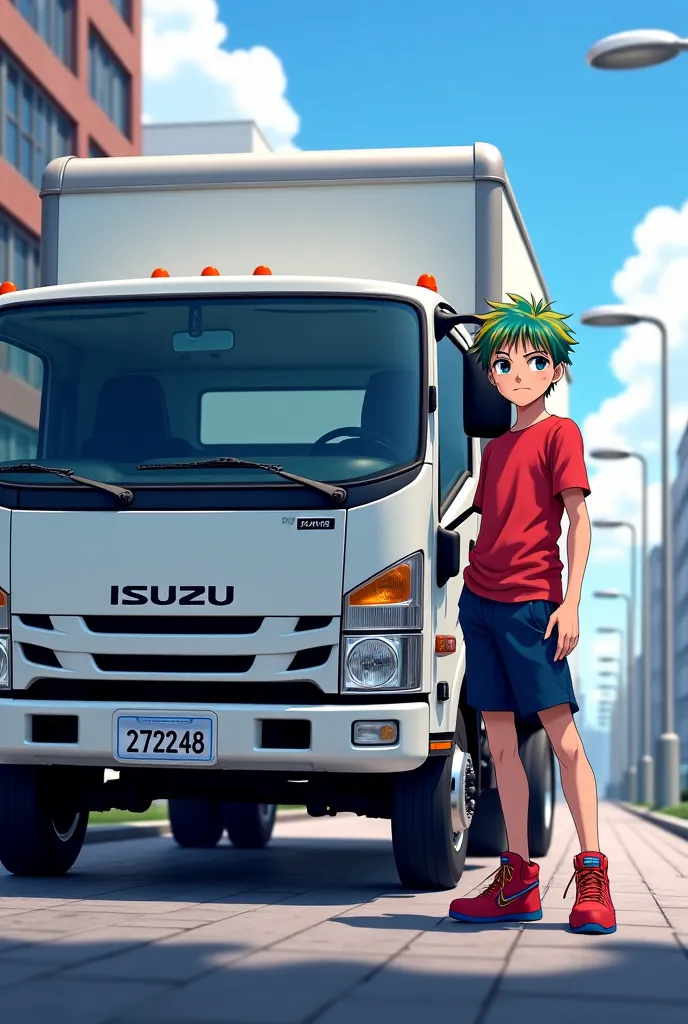 Generate a image with a white IZUSU lorry attached 272248 number plate And a anime boy stand