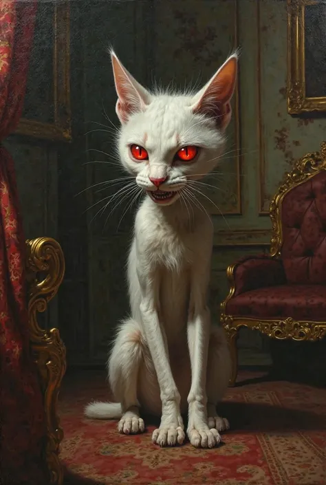 Oil painting of a white haired cat-alike very thin humanoid beast with red glowing eyes and a creepy smile in a very dark XVIII century luxury room.