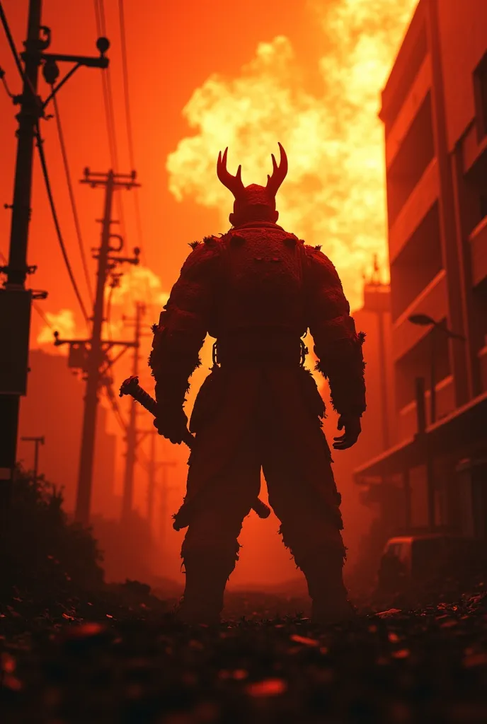 Background → Tokyo engulfed in nuclear flames　Blurred composition　Background → melted and messy building　Silhouette of a giant sludge god soldier　→ぼんやりBlurred composition　Burn down Tokyo with the Cane of Light　背景→カゲロウでBlurred composition　traumatic composit...