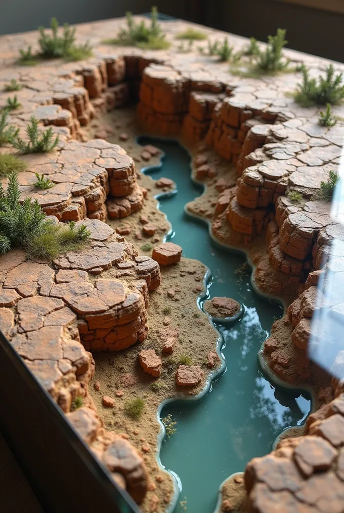 A breathtaking coffee table inspired by the Grand Canyon, featuring a miniature version of its rugged, layered rock formations. A tiny river snakes through the canyon floor, carving its way through the detailed terrain. The glass surface magnifies the intr...