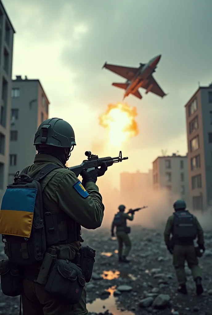 Gere uma imagem baseado neste Prompt:Prompt: "Create a dramatic and realistic war scene depicting Ukrainian soldiers in urban combat, using Swedish MANPADS (man-portable air defense systems) to shoot down Russian fighter jets over the ruins of Toretsk. The...