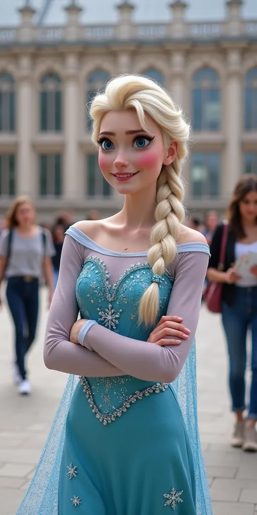 Female Character (Elsa-like appearance)

She has long, platinum blonde hair styled in a thick braid.
Her expressions vary from a nervous smile to a bright, confident grin in the last image.
She is initially dressed in an elegant blue sparkling dress with s...