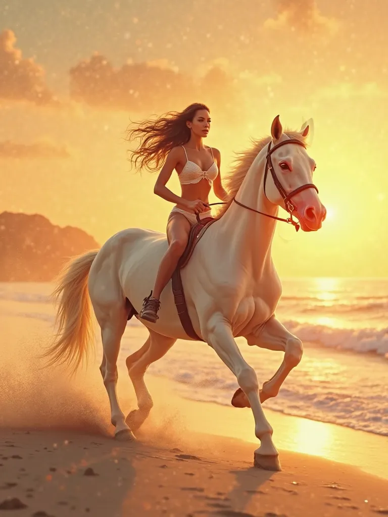 Femm qui galope sur un cheval a creme la plage a cru avec un coucher de soleil