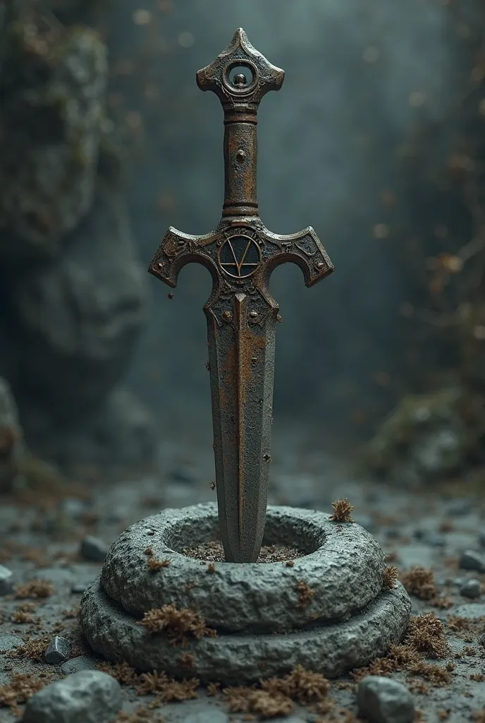 An ancient dagger set in a stone, the dagger is rusted and deteriorated, There is an inverted pentagram on the dagger's dagger. The image is in poor lighting, Are gray tones predominant.