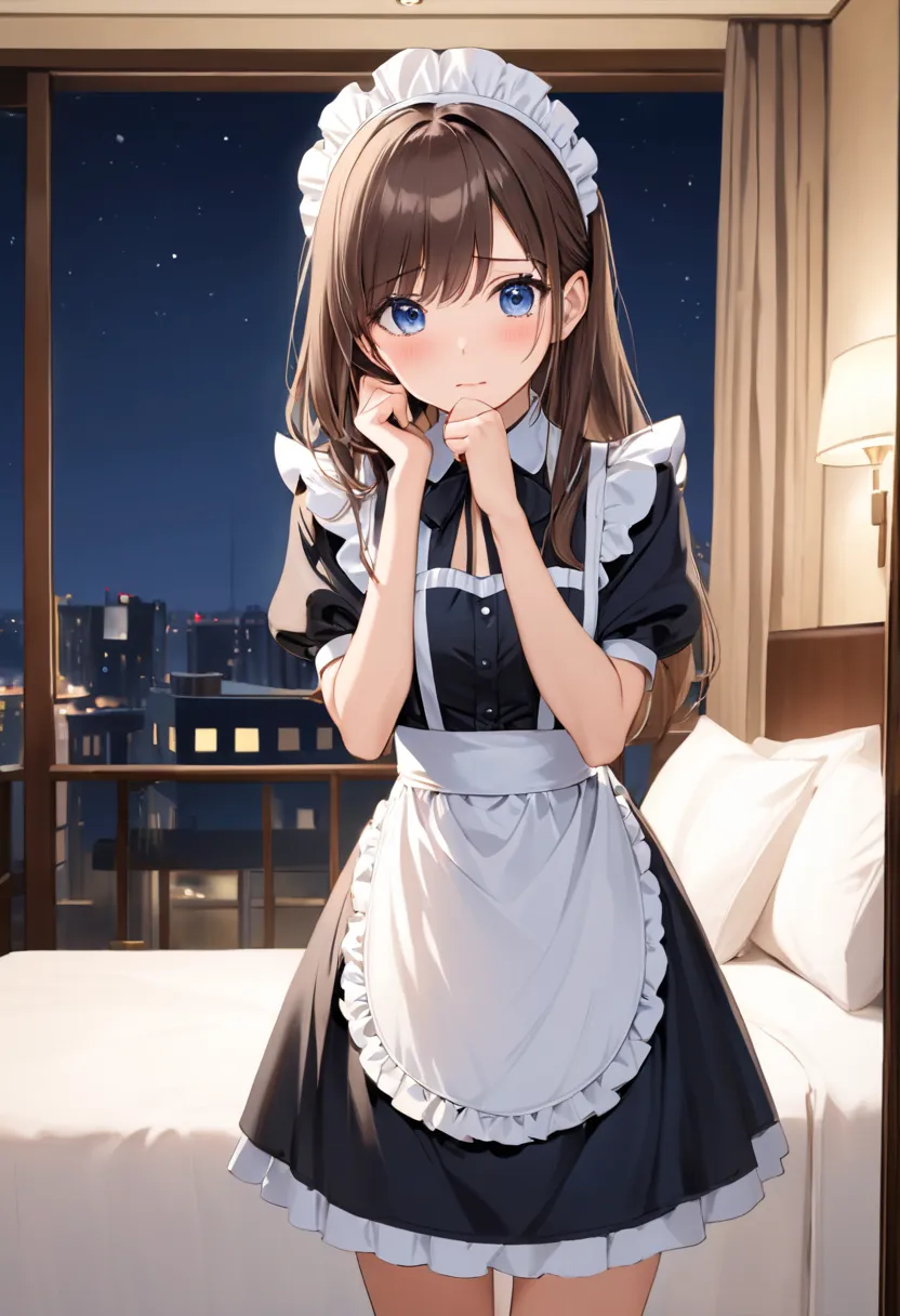 masterpiece, Top Quality, 40 year old woman 1,  slim, hand on own chin, solo, SMALLE BREASTS, dark blue eyes, brown hair, bungs, long hair caught in a hole, MAID DRESS,  classic maid,  Read more, white knee high、from the front, night, hotel room, embarrass...