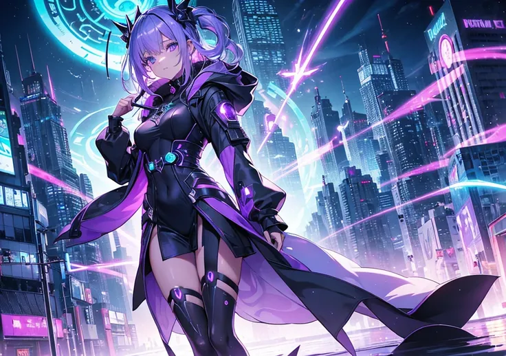 Cyberpunk witch, beautiful girl with beautiful nanotech wand. Glowing magic circle floating in the air, casting futuristic spells. Her hair is lavender colored, her hooded cyber witch robe glows fantastically. In the background, electronic flows shine and ...