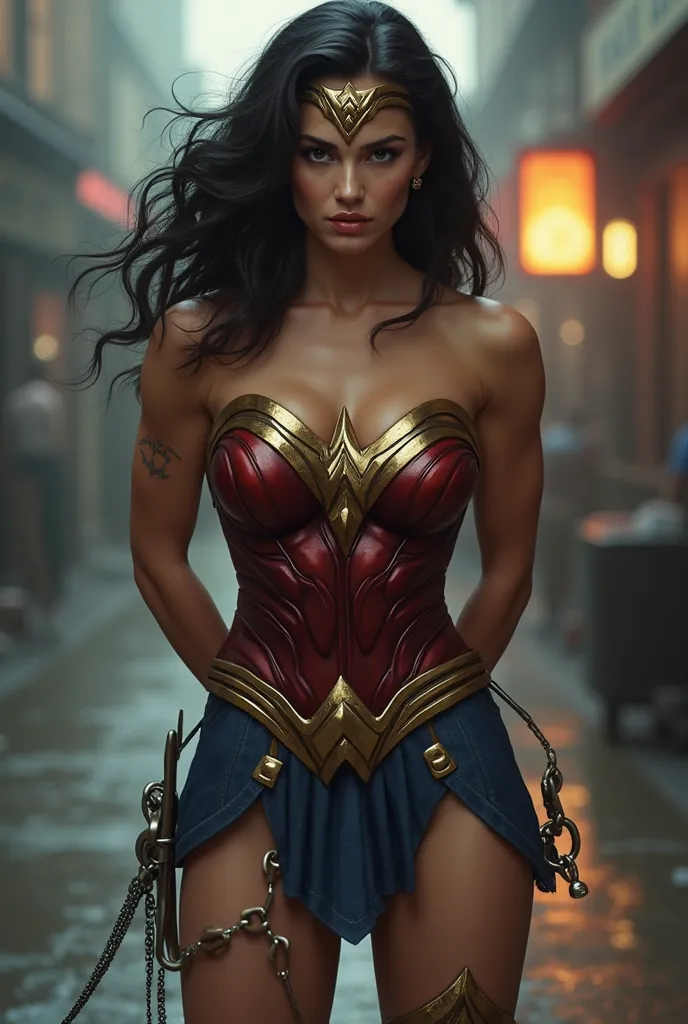 Beautiful Wonder Woman tied up in police handcuffs with her arms behind her back