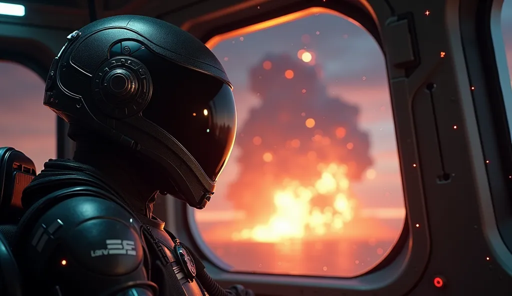 Create a close-up, 8K quality cinematic night image rendered in the style of Unreal Engine 5, depicting a man in a stylish black sci-fi suit with a fully enclosed helmet, looking out of a window in a spacecraft during launch. The spacecraft has risen sligh...