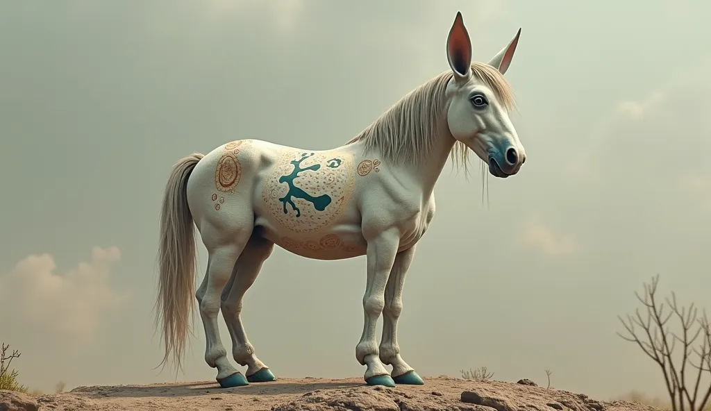 a horse that has rare big ears, the horse has weird feet and a long weird tail with little hair and a body with strange patterns