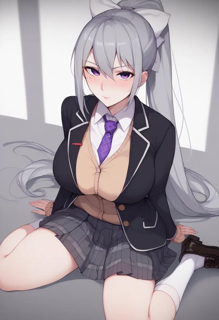 gigastyle, 1girl, solo, POV, from front, looking at viewer, blush, hk1, purple eyes, grey hair, hair between eyes, long hair, very long hair, ponytail, mole, mole under eye, bow, white bow、huge breast、
shirt, white shirt, necktie, purple necktie, cardigan,...