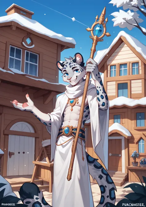 Male snow leopard, Magister, Staff, Blue Eyes, Juvenile body type, Slim, Smile, white shawl, Navy blue pattern, The interior of the wooden house, bright