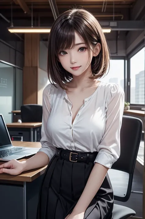 (masterpiece, high quality, high resolution:1.2), 1girl, portrait, straight bob hair, very detailed, radiant skin glow, natural face lighting, beautiful breasts, wearing a knee-length dress, chiffon blouse, a pleated midi skirt, waist belt, modern office d...