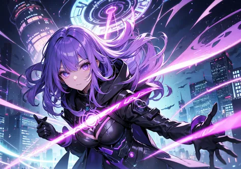 Cyberpunk witch, beautiful girl with beautiful nanotech wand. Glowing magic circle floating in the air, casting futuristic spells. Her hair is lavender colored, her hooded cyber witch robe glows fantastically. In the background, electronic flows shine and ...