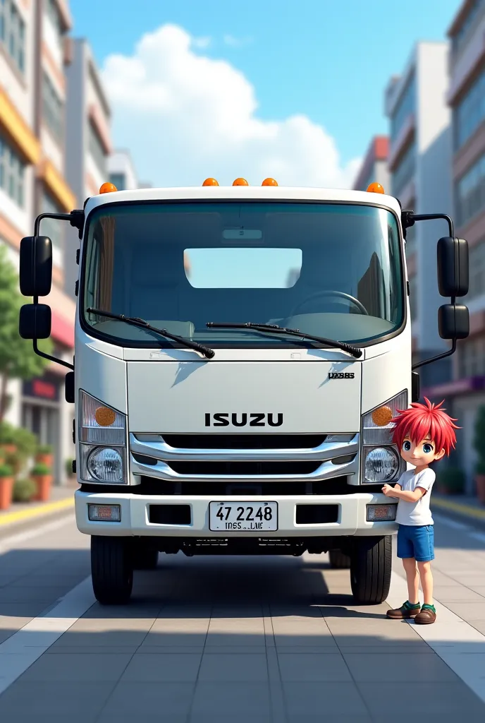 Generate a image with a white IZUSU lorry attached 472248 number plate And a anime boy stand