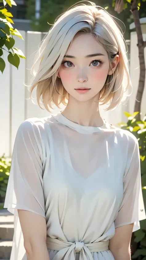 Low Leg, Low rise, albino, (((Realistic images))), Translucent white skin, White camisole, ((girl, Upper body angle)), the skin is transparent, Make the expression more realistic, thin, Soft and smooth white hair, Highlight wrinkles in clothing, Highest qu...