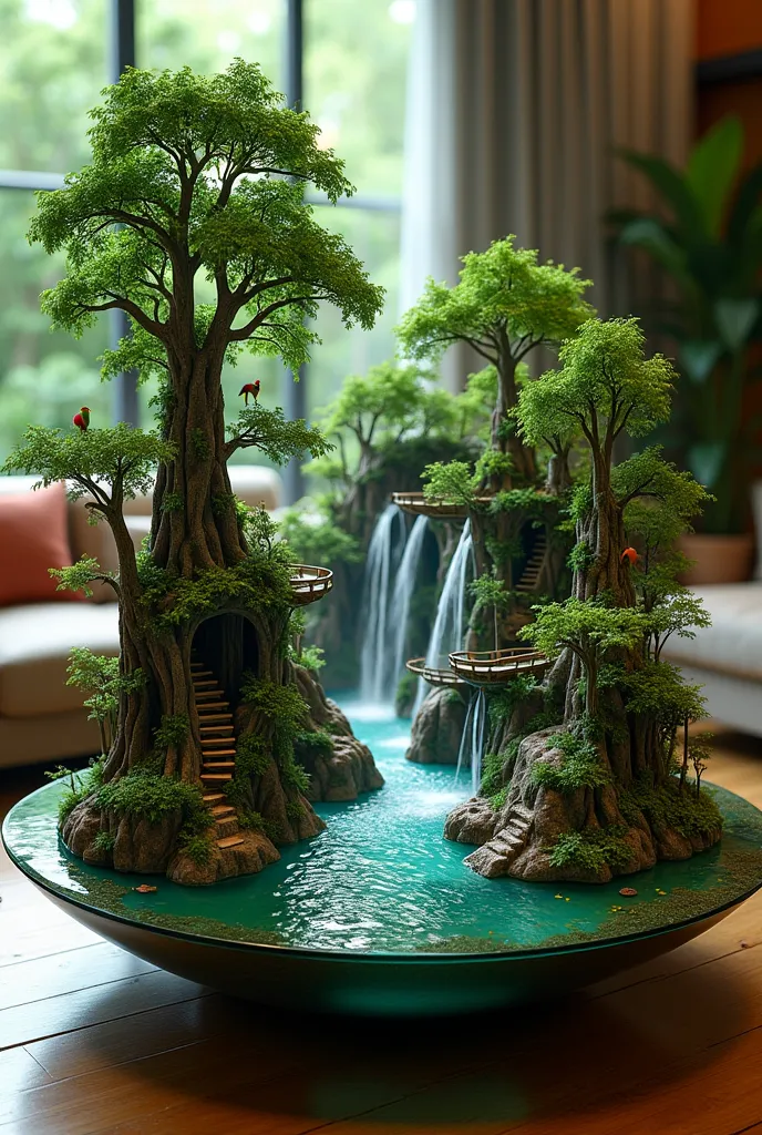 A mesmerizing coffee table with a glass top and a detailed miniature rainforest scene inside. Towering trees with dense green foliage surround a multi-tiered waterfall that cascades into a small emerald lagoon. Mist rises from the water as tiny wooden brid...