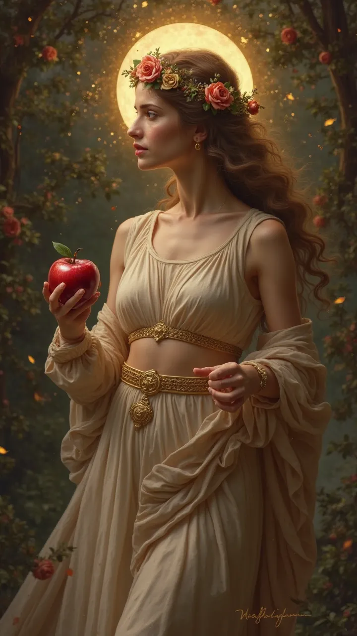 "At the wedding of Peleus and Thetis, all the gods were invited...  except one : eris,  the goddess of discord . Angry at their exclusion, threw a golden apple with the inscription: 'For the most beautiful'." A realistic image 